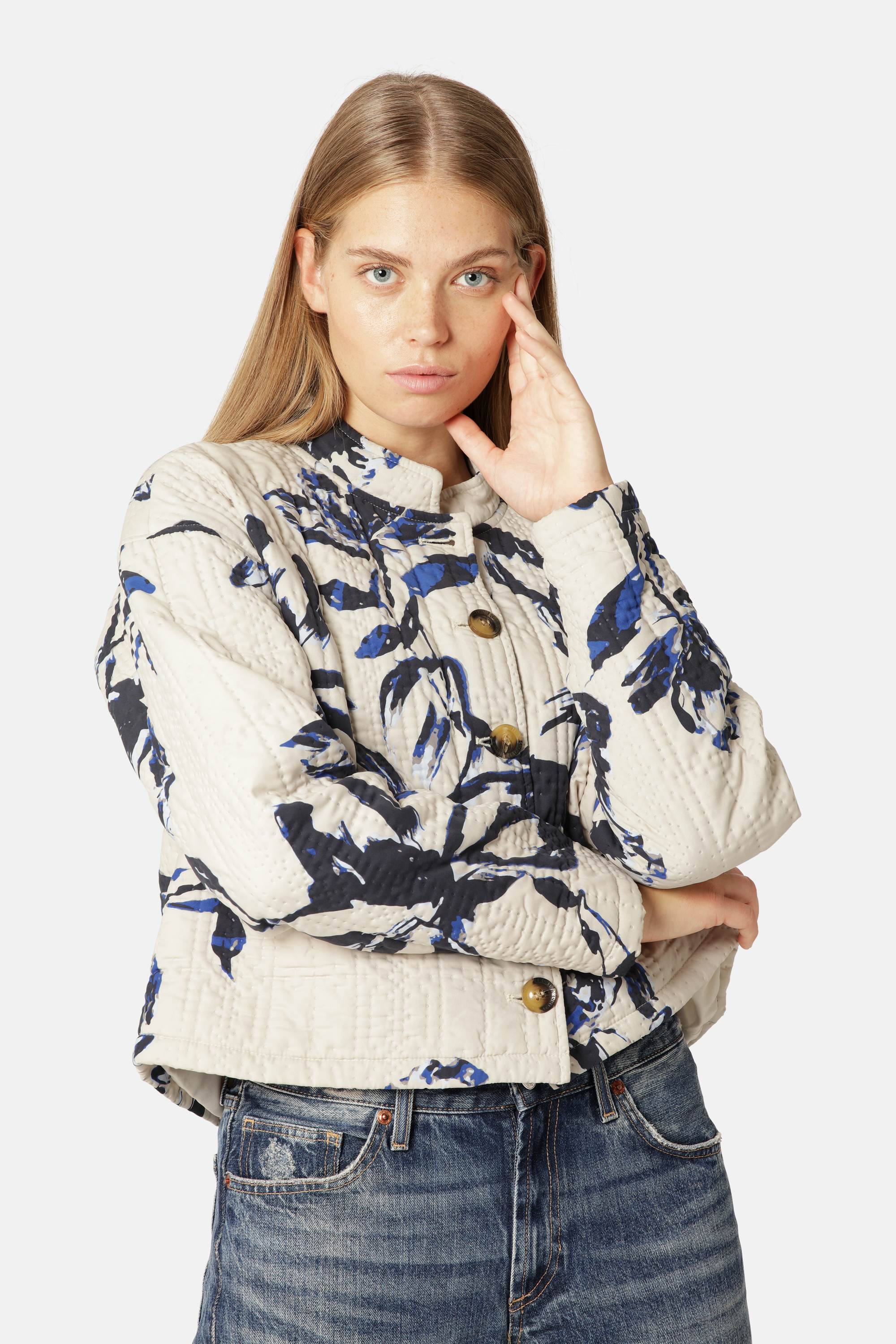 Kort Quiltet Jakke - Beige Artsy Stroke Flower
